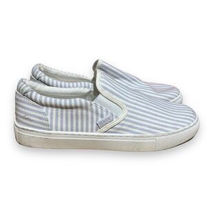 J Crew Sneakers WMNS 9‎ Blue Striped Canvas Road Trip Slip On White AW600 Boat